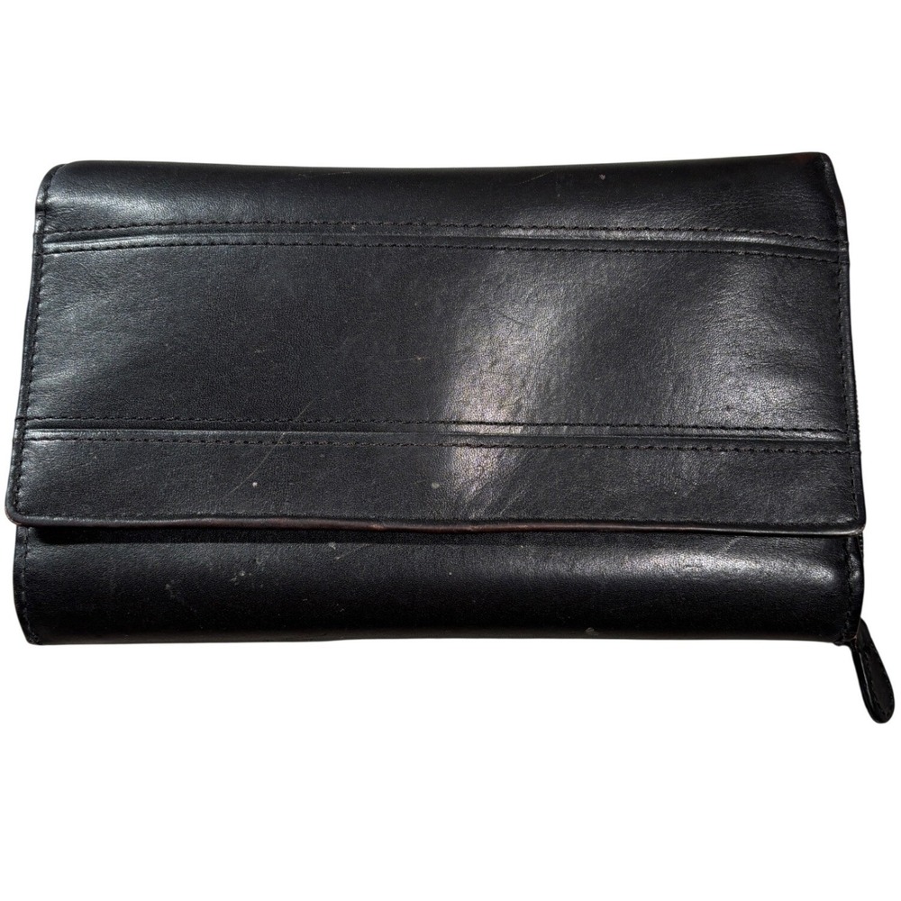 Wilsons Leather Black Trifold Wallet Zip Around Clutch Purse Minimalist Whimsy